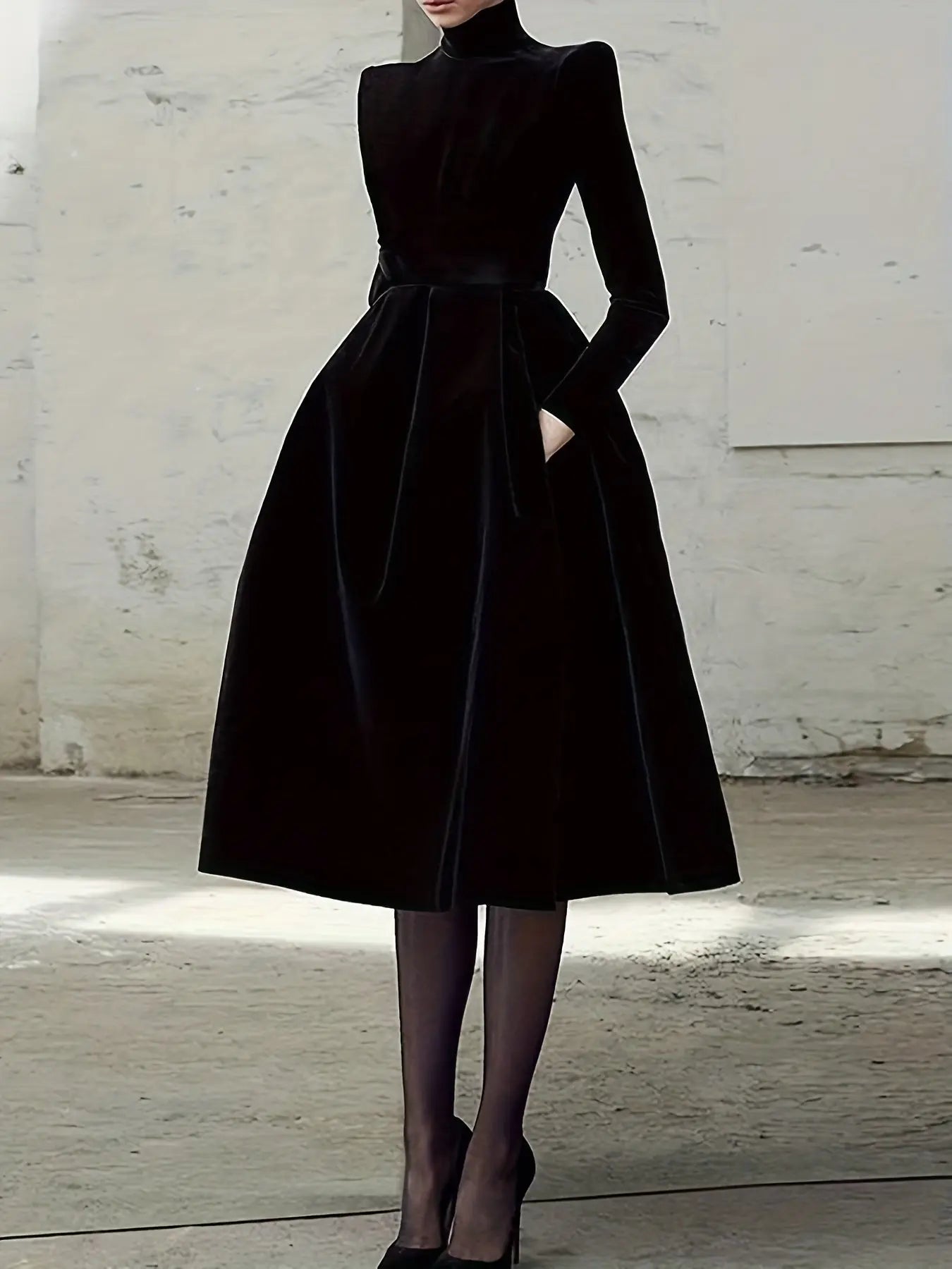 Midnight Whispers Gown in black, featuring a high neckline and long sleeves for elegant gala attire.