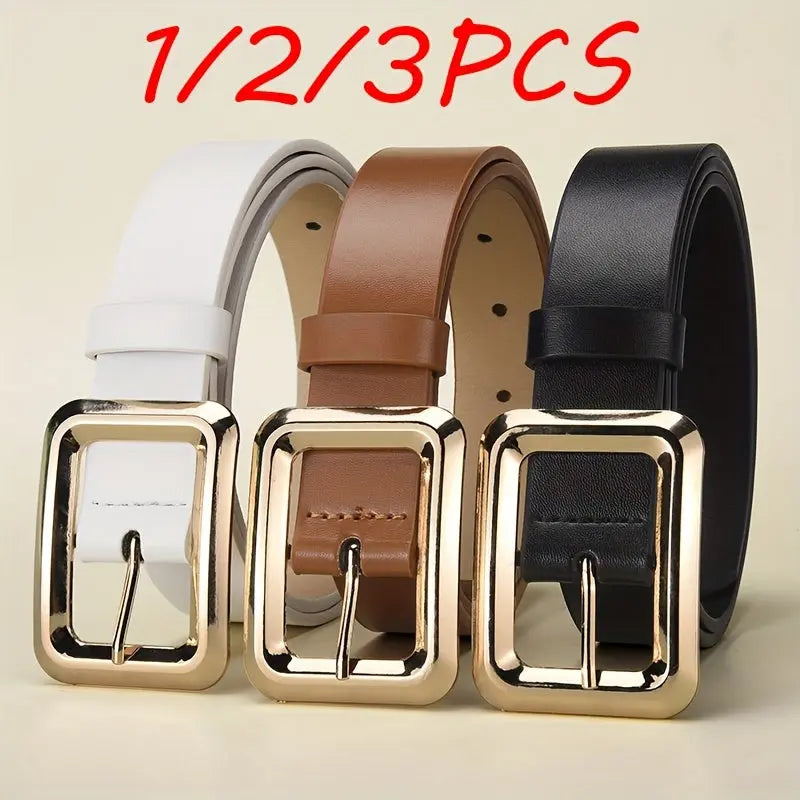 Golden buckle belt with sleek PU strap, perfect for enhancing any outfit.
