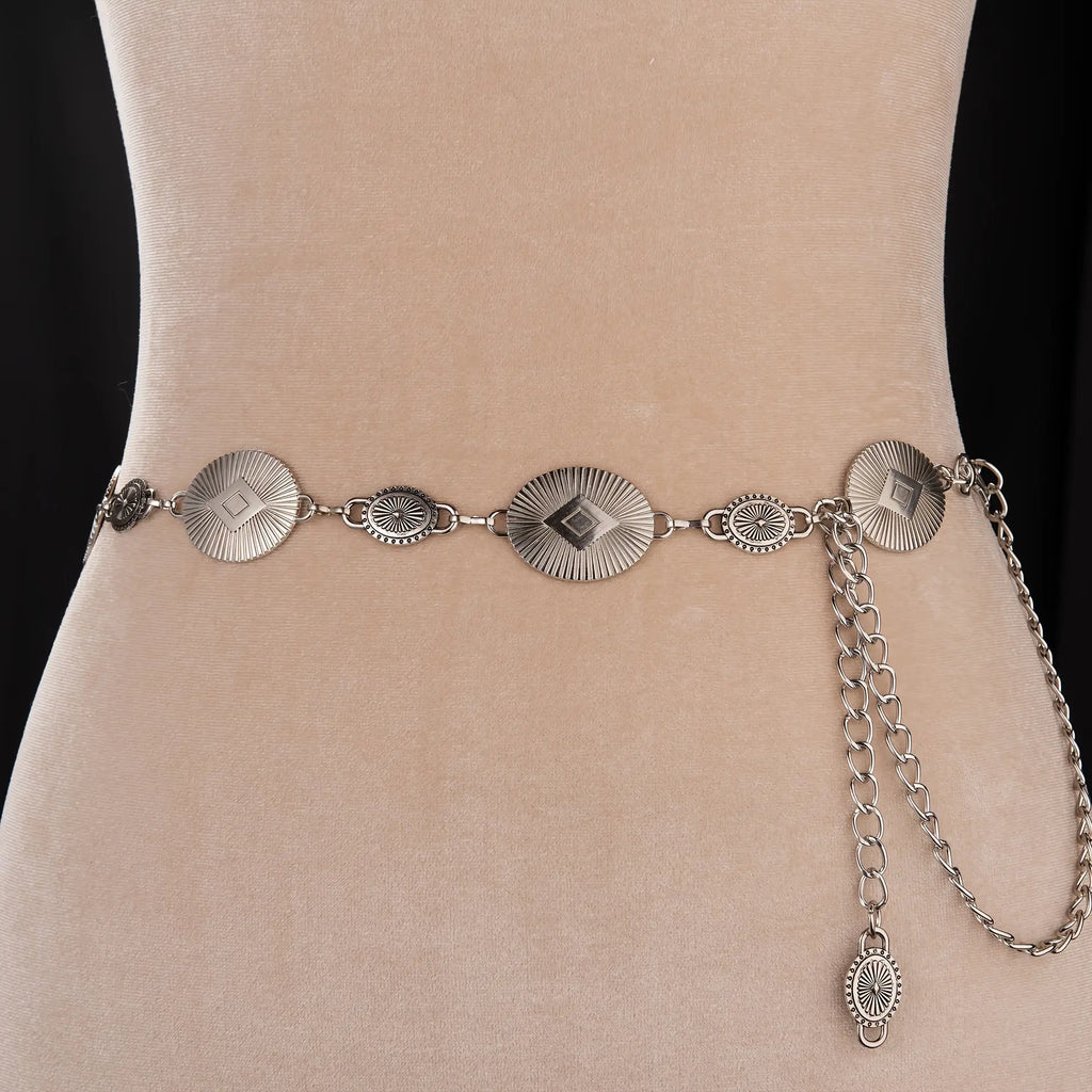 Adjustable Golden Hour Glow waist chain shown on a model for a perfect fit.