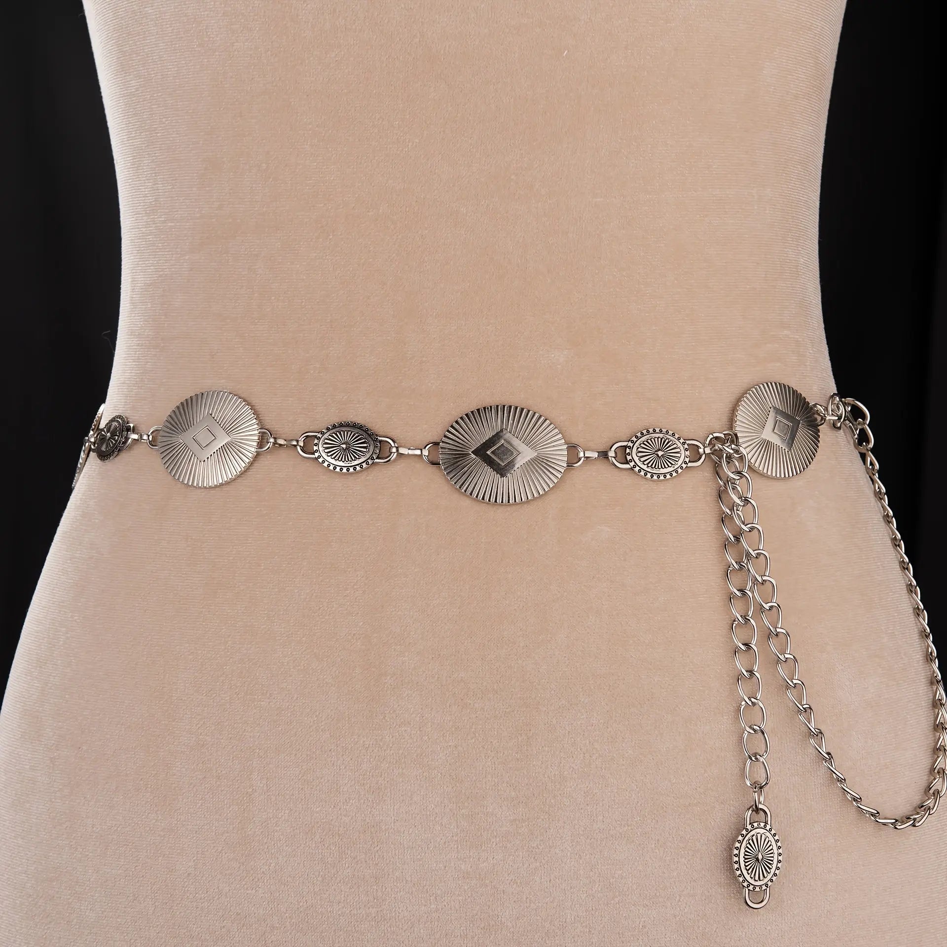 Adjustable Golden Hour Glow waist chain shown on a model for a perfect fit.