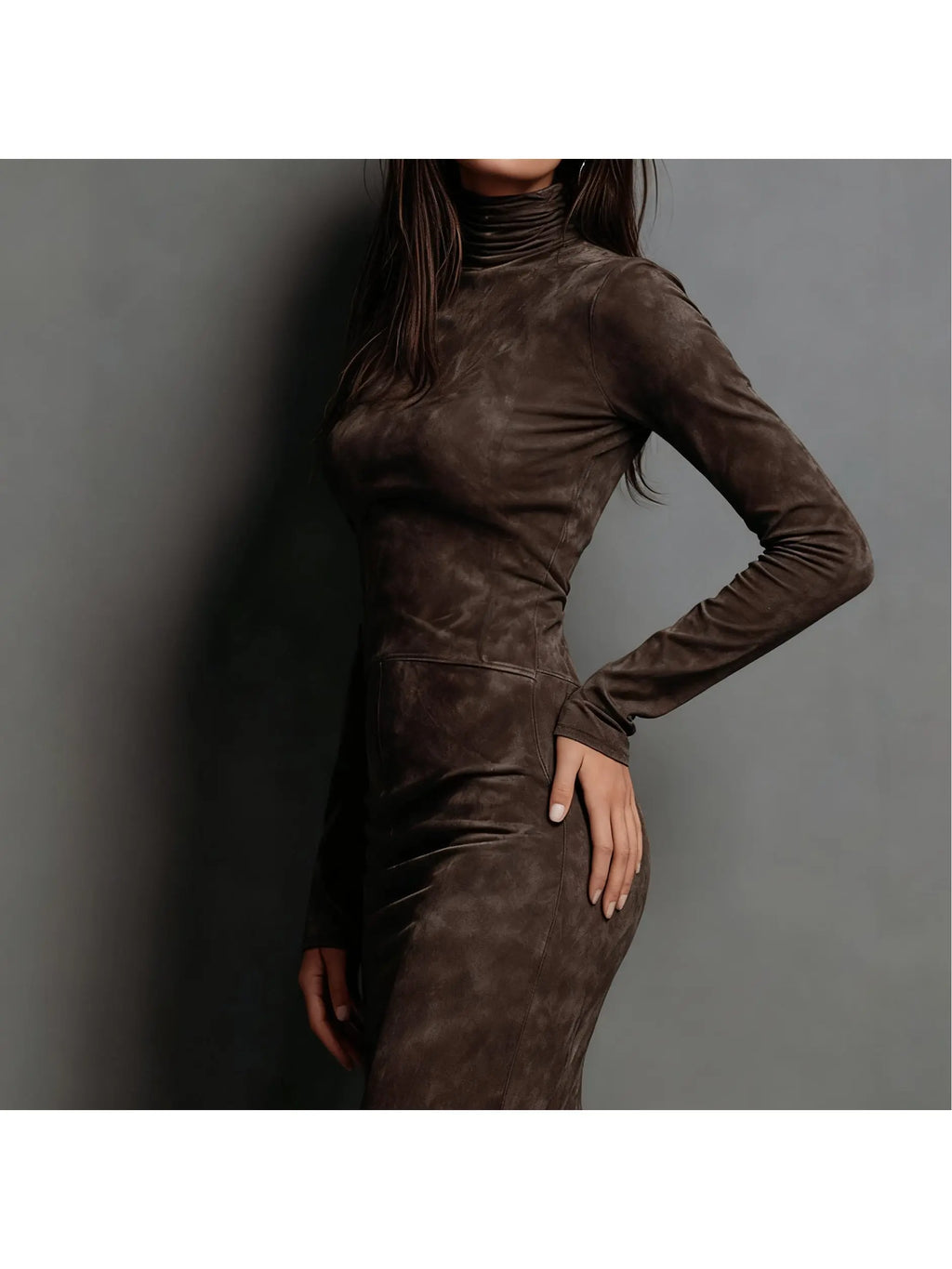 Side view of the Winter Whisper Dress, illustrating the sculpting fit and elegant coverage.