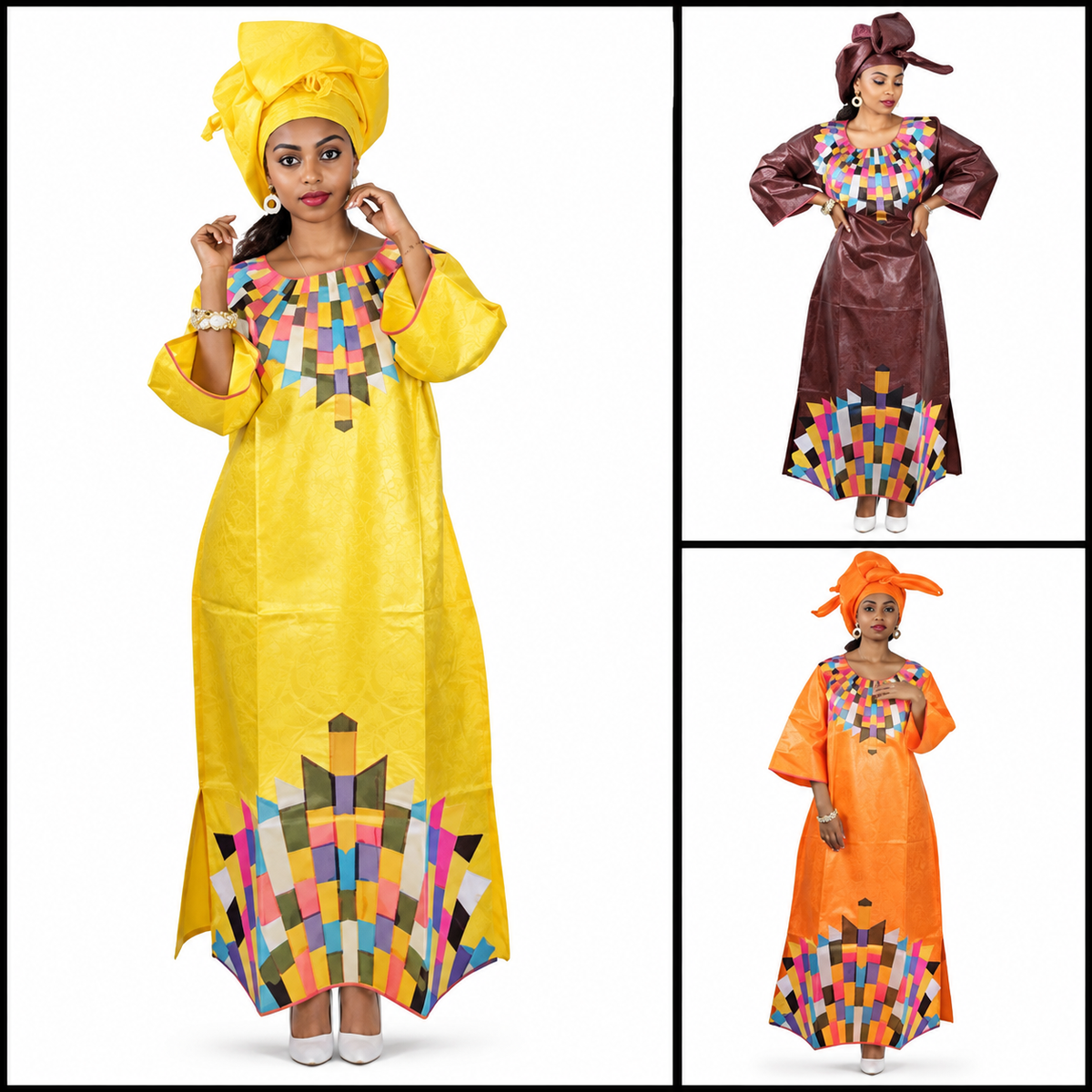 Embroidered Bazin-style dress shown in yellow, brown and orange colorways