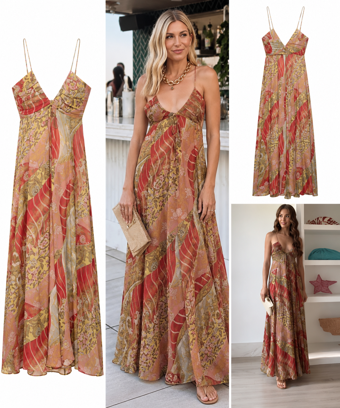Floral backless ruffle maxi dress in warm multicolor print with product and model views