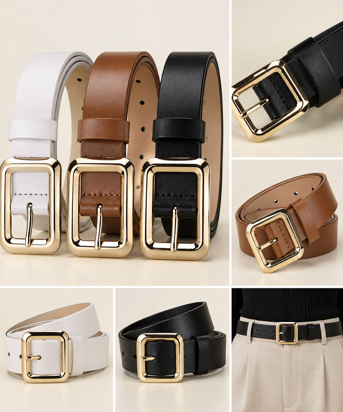 White, brown and black PU belts with gold-tone rectangular buckles and detail views