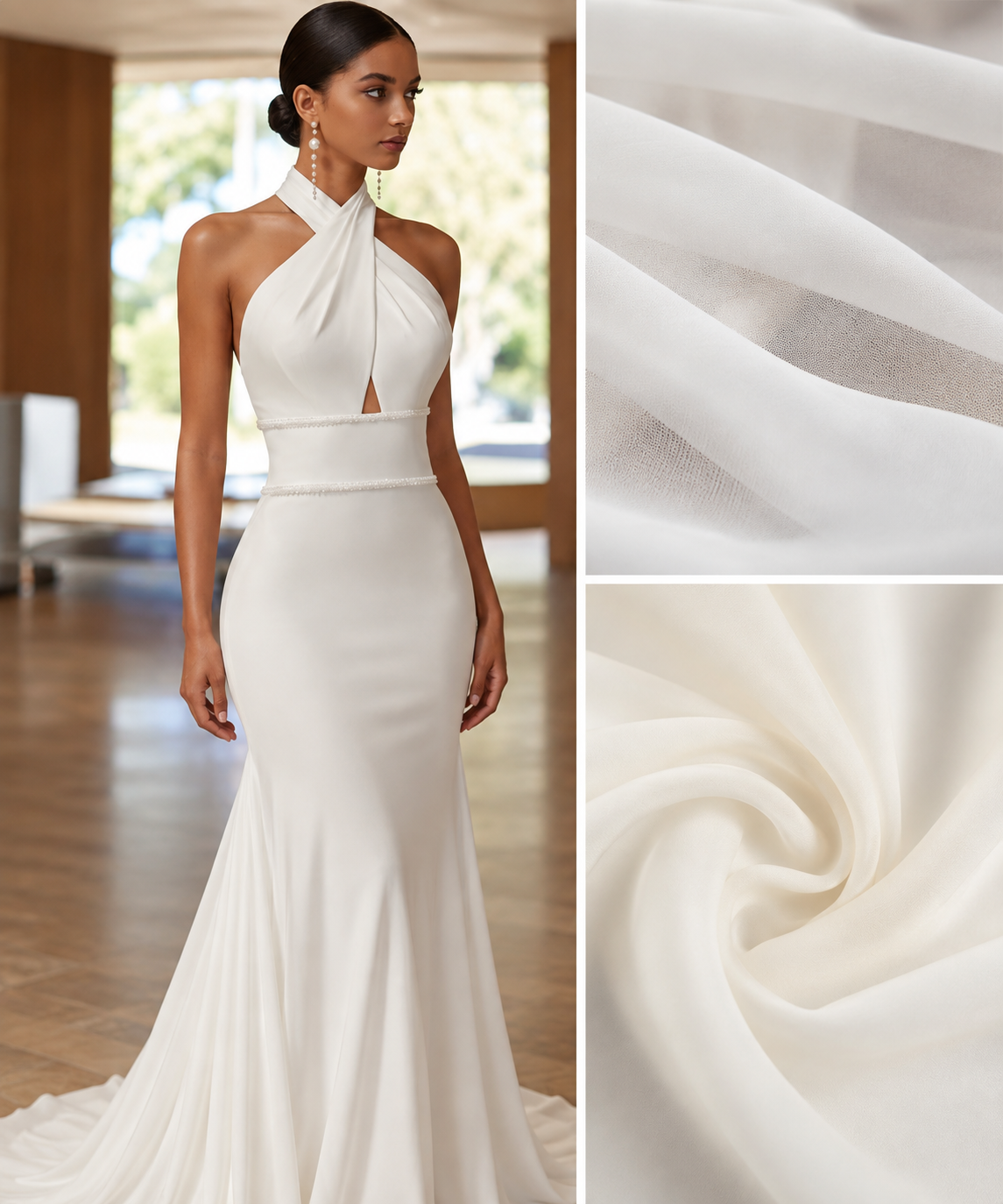 Ivory halter mermaid wedding gown with fabric detail views