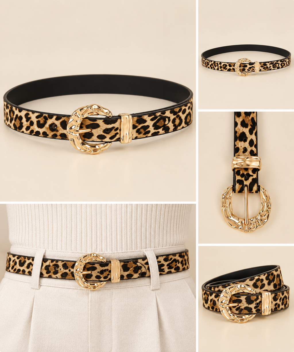 Leopard-print faux-leather belt with ornate gold-tone buckle and clean product detail views