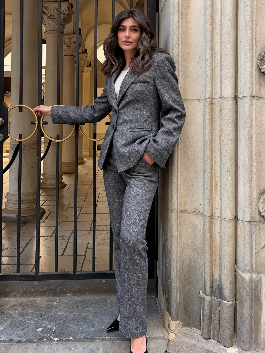 Woman wearing a charcoal gray tailored suit beside an ornate architectural entrance
