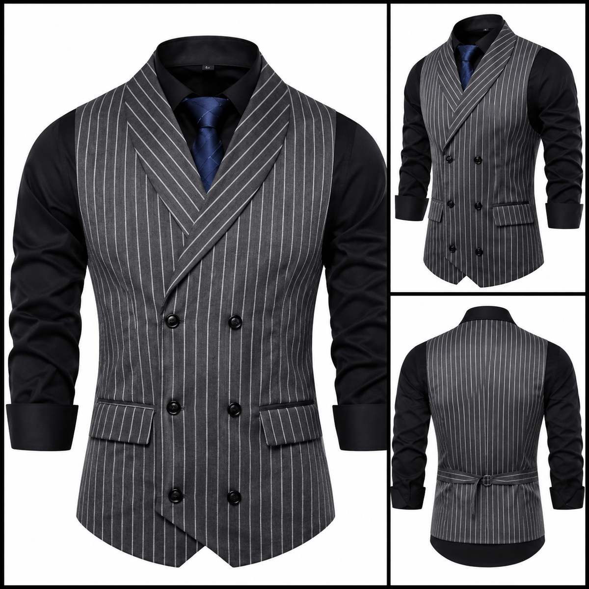 Plaid double-breasted vest shown from front, angled and back views