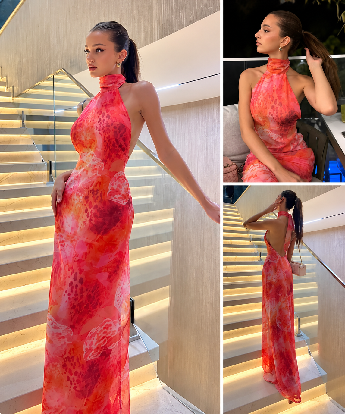 Twilight Whispers printed halter bodycon maxi dress in coral red print, front seated and back views