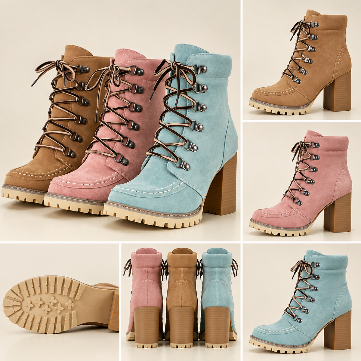 Camel, pink and blue lace-up block-heel boots with product detail views