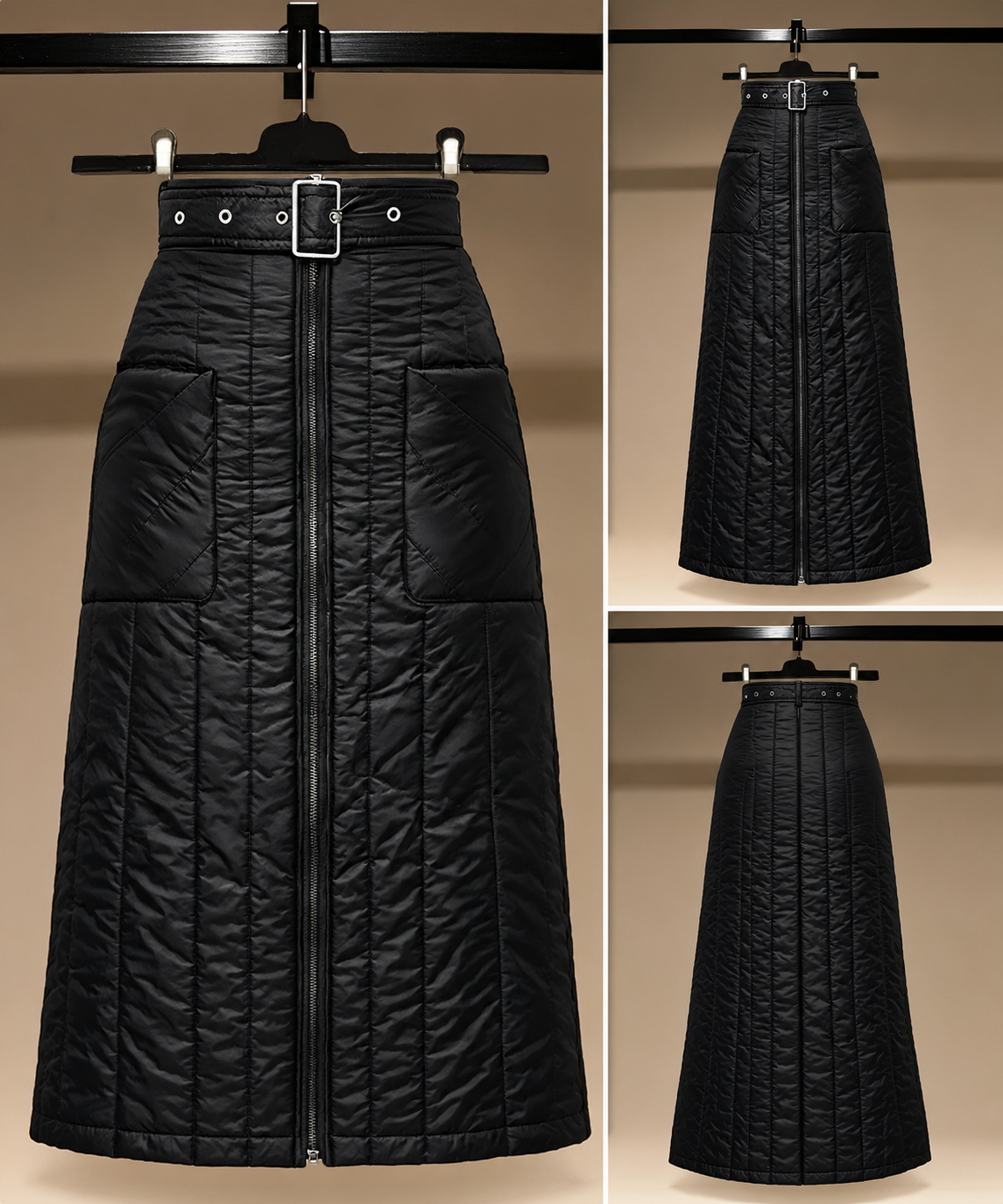 Black quilted A-line skirt with buckle waist, front zipper and front and back views